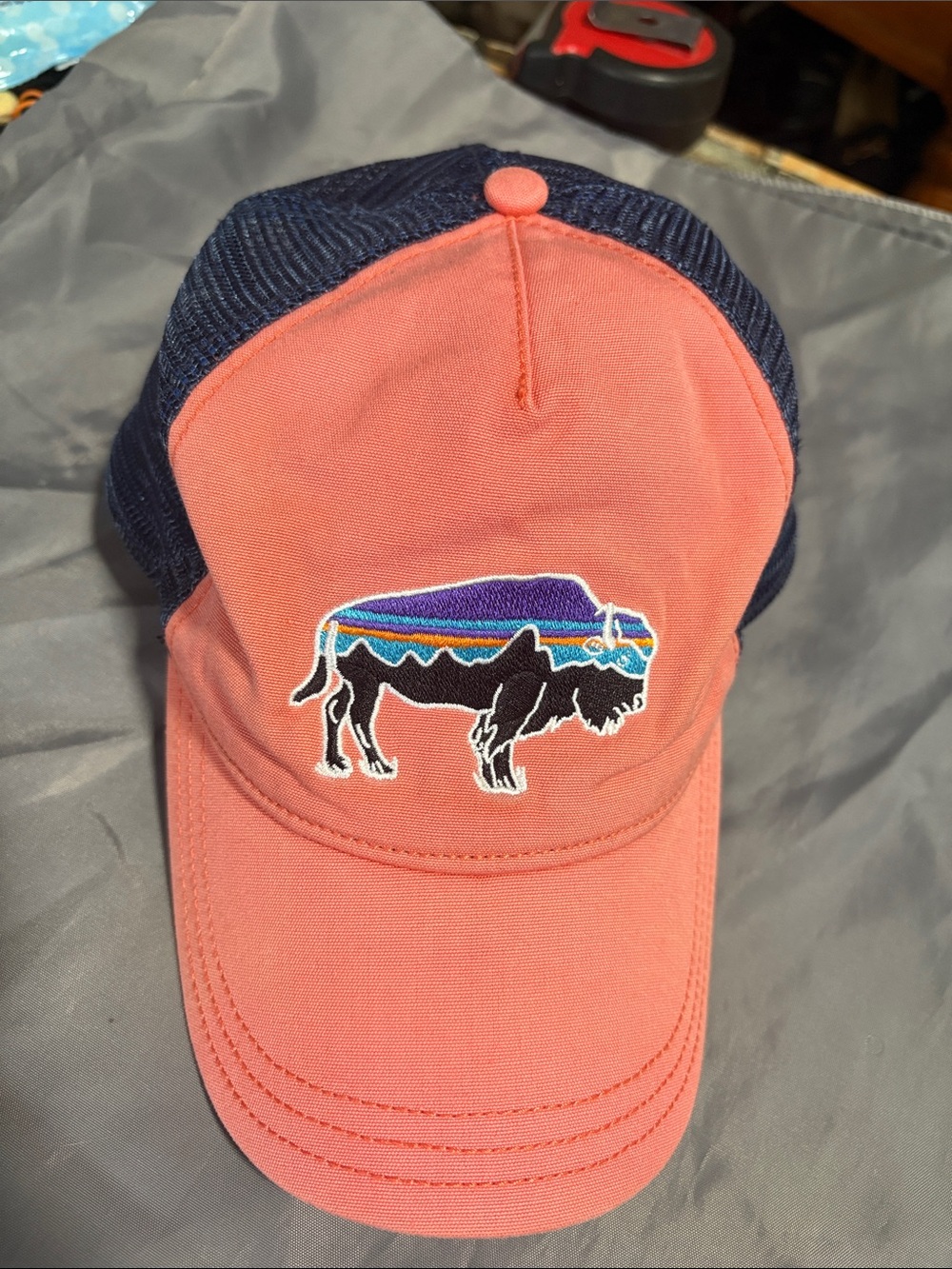 Patagonia Coral and Navy Trucker Hat with Striped Buffalo Patch